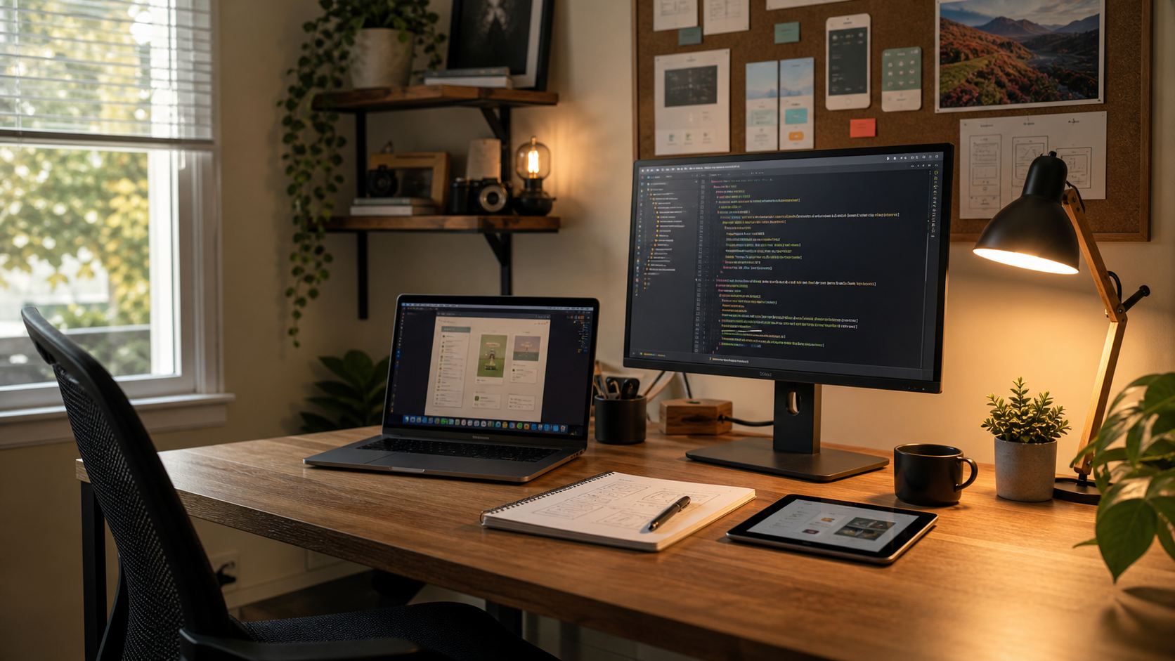 A small independent software studio workspace with development screens and an iPad