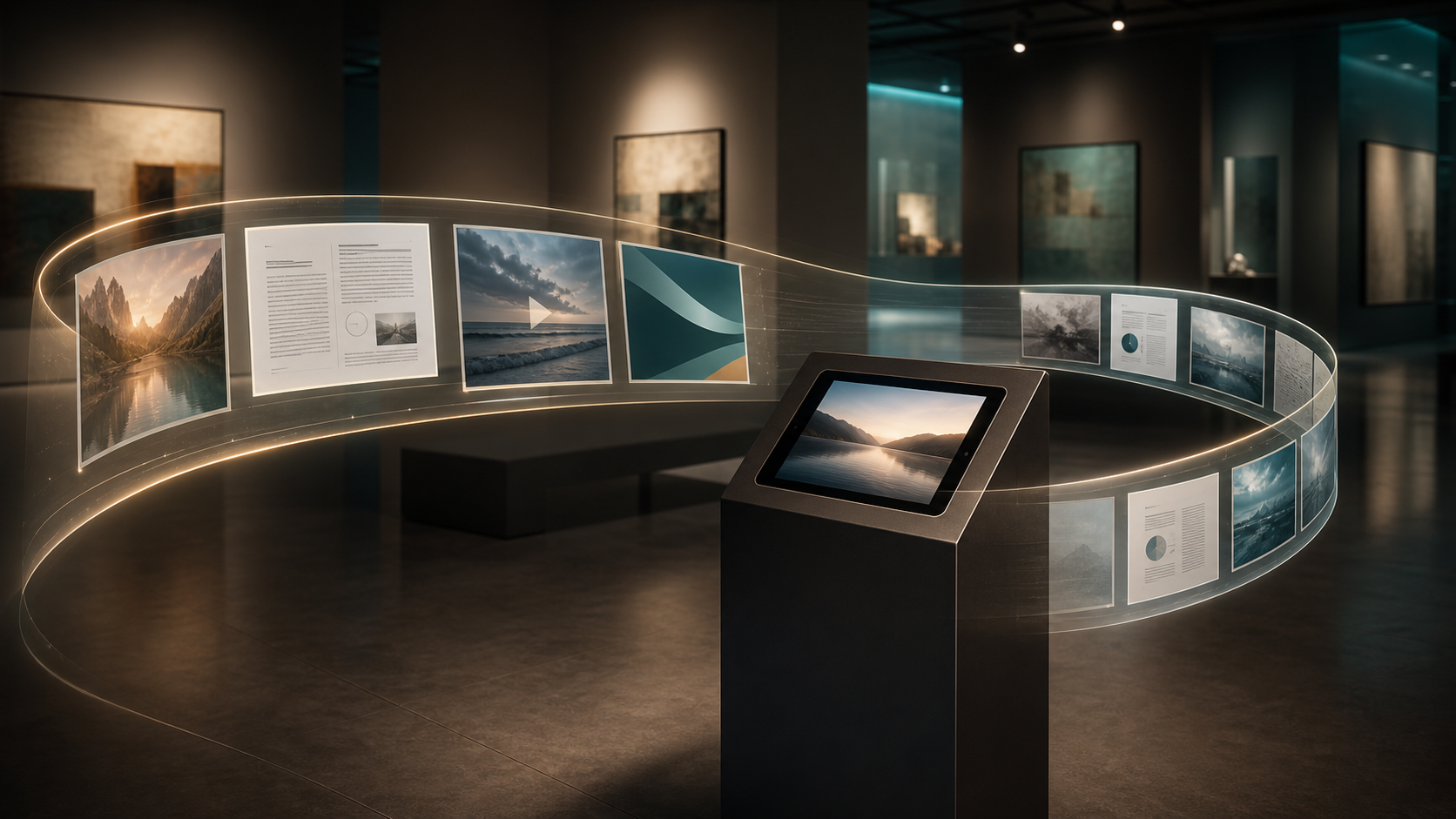 A museum kiosk with looping presentation frames flowing around it